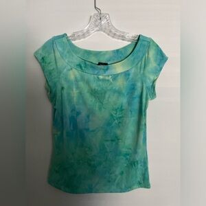 Vanity Women’s Turquoise Patterned Top, Cap Sleeves, Scoop Neck; Size L
